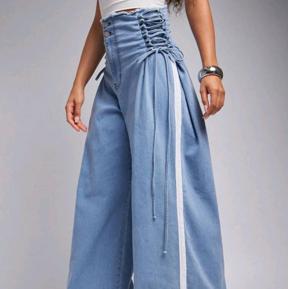 ●●JST A FEW LEFT●●NEW RAW EDGE LACE-UP HI-WAIST WIDE LEG JEANS